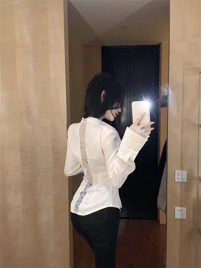 Backless Lace Youthful Fashion Black Long Sleeve Shirt Women V Neck Patchwork Elegant Basic Blouse Lady Office Casual White Top