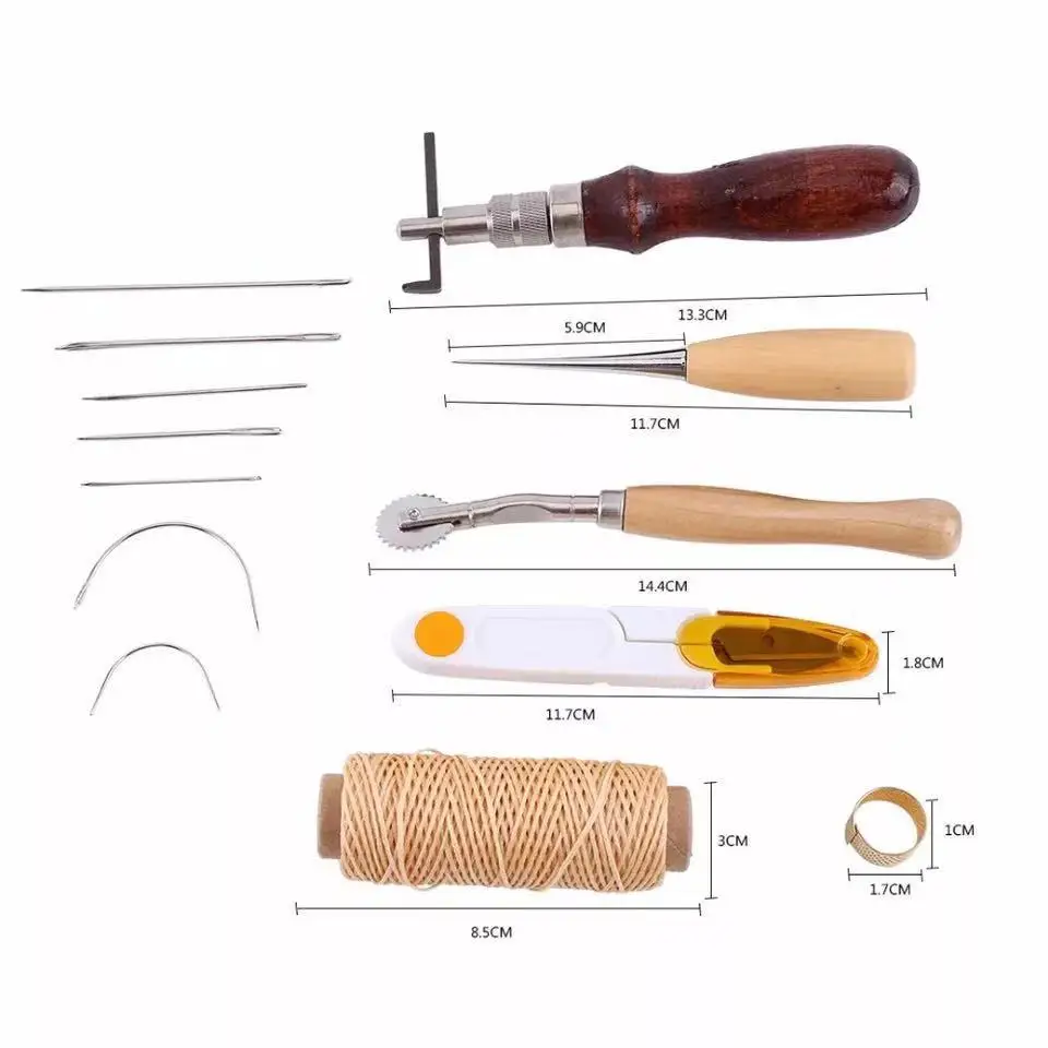 Professional Leather Sewing Set With Waxed Thread Wooden Handle Stitching Punch Carving Work Awl Needle DIY Accessories Kit Tool