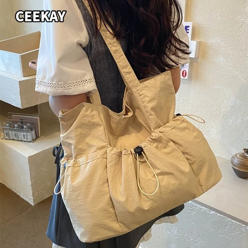 CEEKAY Solid Wrinkle Drawstring Tote Bag Side Elastic Toggle Wide Cloth Strap Women Daily School Large Casual Shoulder Purse