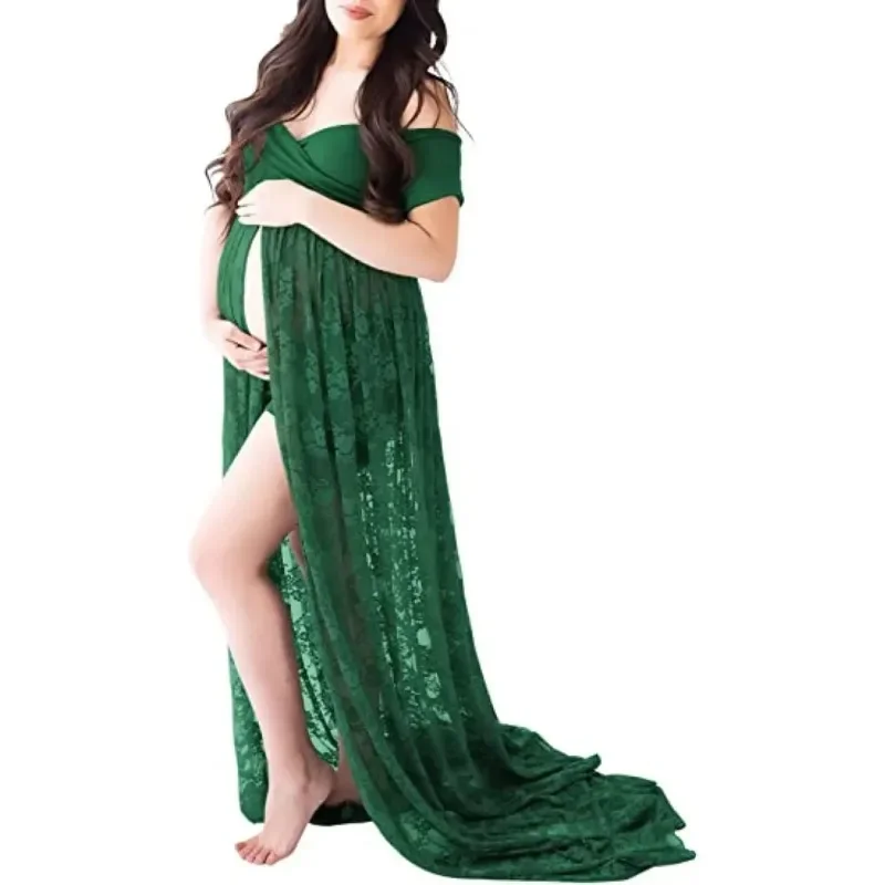 Maternity Dresses Women's Lace Pregnant Woman Tail Short Sleeve Dress Off Shoulder Photo Shoot Green Dress Women Maternity