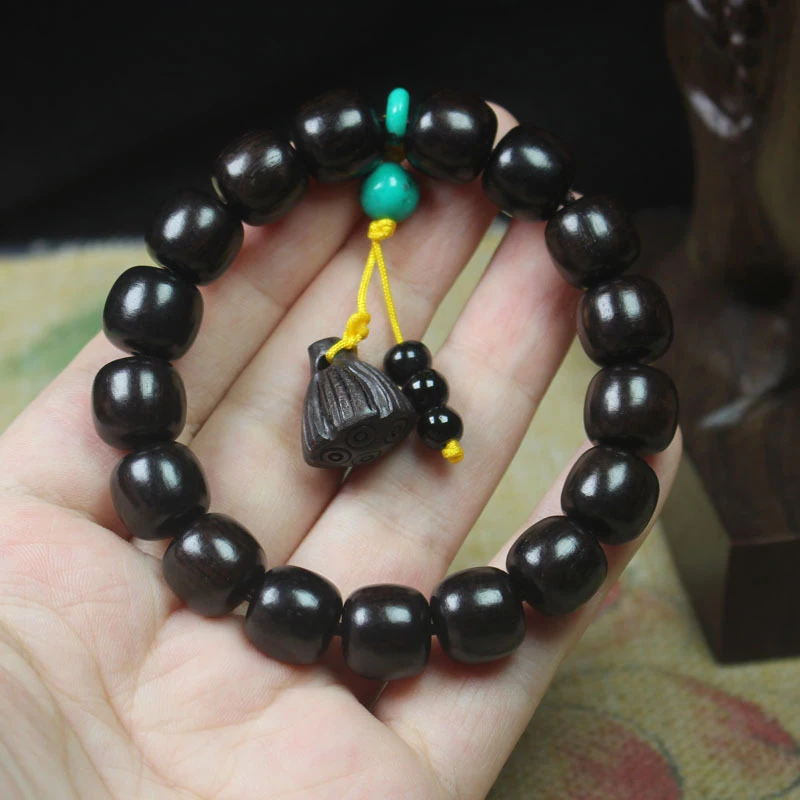 Ebony Old-Style Bead Bracelet 12mm Ebony Small Lotus Pendant Accessory Unisex Jewelry Prayer Beads