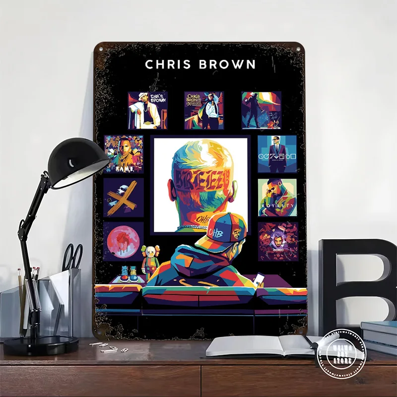 Chris Brown Pop Art Collage Tinplate Poster Customized Wall Art Retro Vintage Metal Signs for Fans Custom Plate Home Decor Items