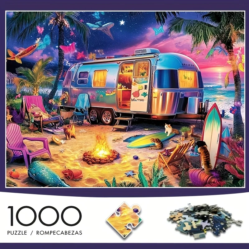 Zabawny Puzzle z Motywem Kempingu na Plaży z Kotami i Ogniem, Gra Intelektualna dla Dorosłych, Dekoracyjne Puzzle do Domu