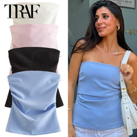 TRAF Women's Tube Top Summer Blue White Black Tanks & Camis Ruffle Off Shoulder Sleeveless Top Sexy Corset Backless Bustier Vest