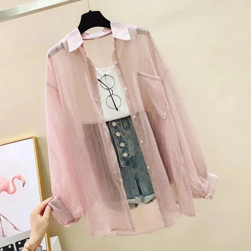 Chiffon Sun-Proof Shirt Women See-Through Casual Loose High Street Long-Sleeved Blouse Single-Breasted Turn Down Collar Cardigan