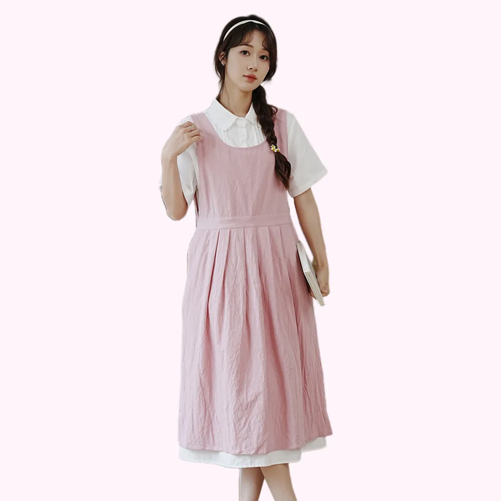 Korean Casual Round Neck Apron Comfortable and Soft Cotton Shop Workwear Women's Home Kitchen Anti Fouling Apron