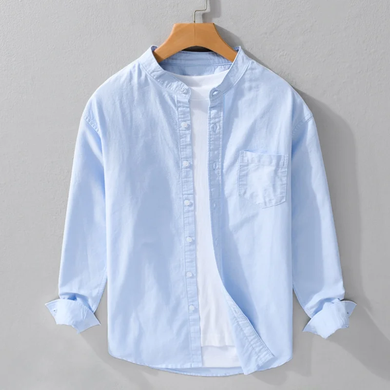 

2024 Autumn New Sle Men's Long Sve Ox Cloth irt Casual Busin Stand Collar White Cotton Pure Color Stand Fit