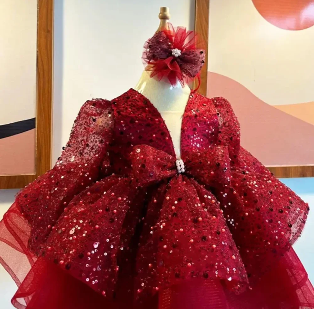 

Customized Gold Flower Girl Dresses For Wedding Sequins Full Sleeves With Bow Holy Children First Communion Photo Shoot Gown
