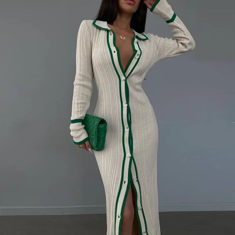 

Knitted Color Patchwork Slim Cardigan Dress Women Autumn Turn Down Collar Long Sleeve Single Breasted High Waist Maxi Dresses