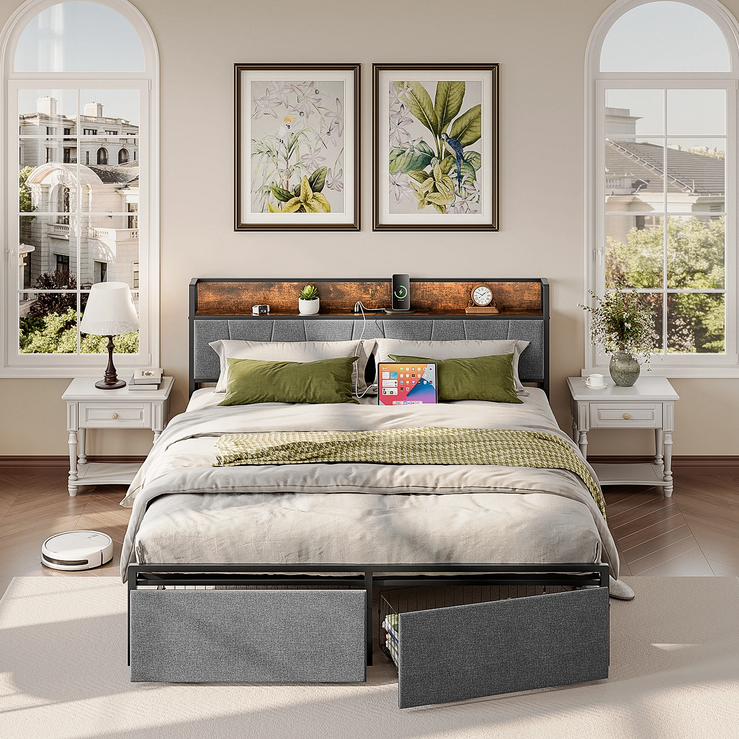 Upholstered Queen Size Bed Frame With 2 Storage Drawers, Storage Headboard With Charging Station