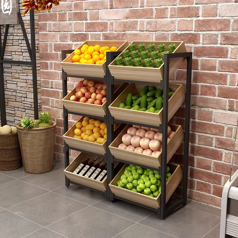 Customized supermarket grocery vegetable and fruit display rack wooden box dried fruit snack display rack