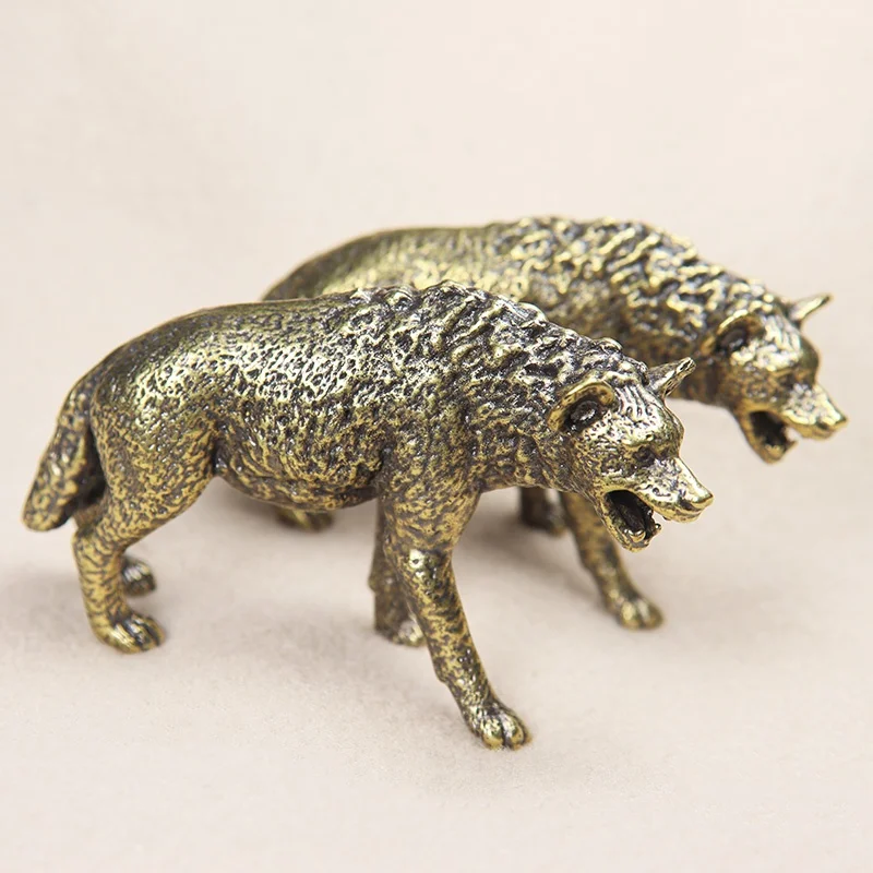 Solid Brass Hyena Figurine Miniature Office Desktop Tea Pet Ornament Vintage Animal Dog Statue Crafts Collection Home Decoration