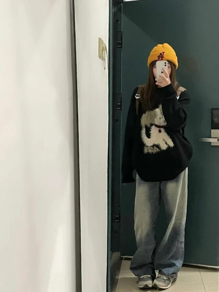 2025 nueva moda coreana, suéteres de Jacquard con dibujos de perros, Jersey holgado informal de otoño e invierno para mujer, suéter de punto, Tops de gran tamaño