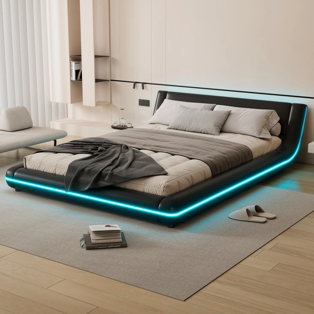 140×200cm schwarzes PU-Polster-Bodenbett mit LED-Ambientebeleuchtung – niedriges Plattformbett für das Schlafzimmer (ohne Matratze)