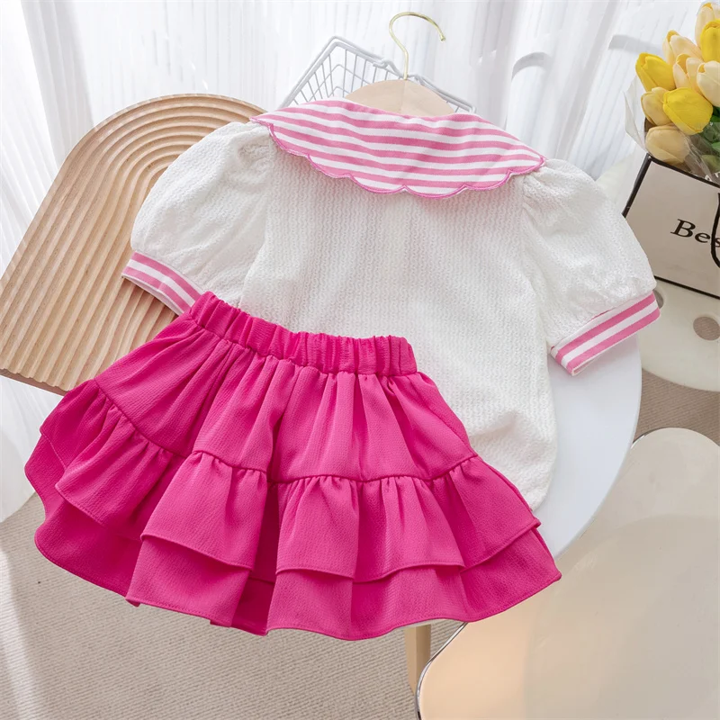 Girls\' Sweet Skirts Set Summer Stripe Turn Down Collar Short Sleeve T-shirt Top + Fashion Cake Skirt Pants Two Piece Suit