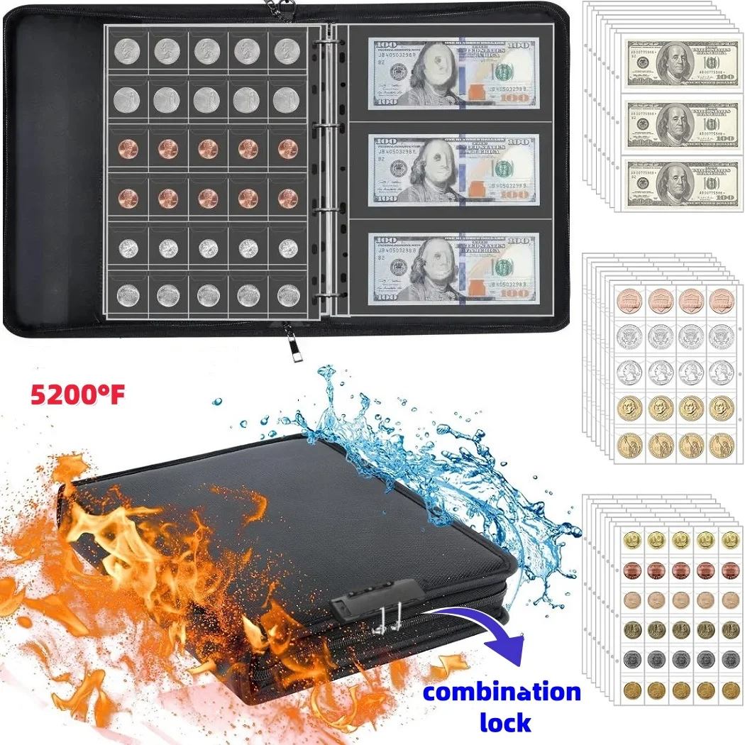 Coin Collection Book with Lock Fireproof Holder Album Top Loader Currency Binder Badge Pennies Storage Bill Collecting Organizer