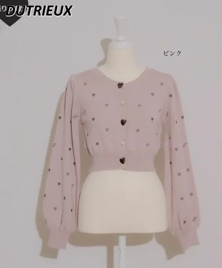 Japanese Style Mine Mass-Produced Women's Heart Embroidery Round Neck Short Sweater Coat Sweet Cute Buckle Knitted Cardigan