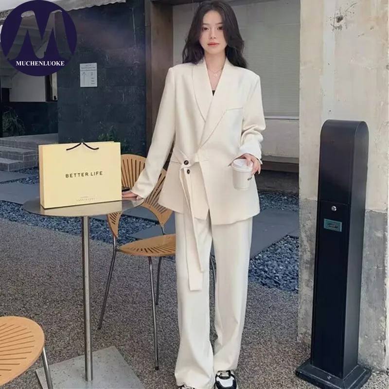 

Women's Korean Fashion Long Sleeve Blazer And Wide Leg Pants Two-Piece Set Office Casual Loose Fit Spring Autumn Suits