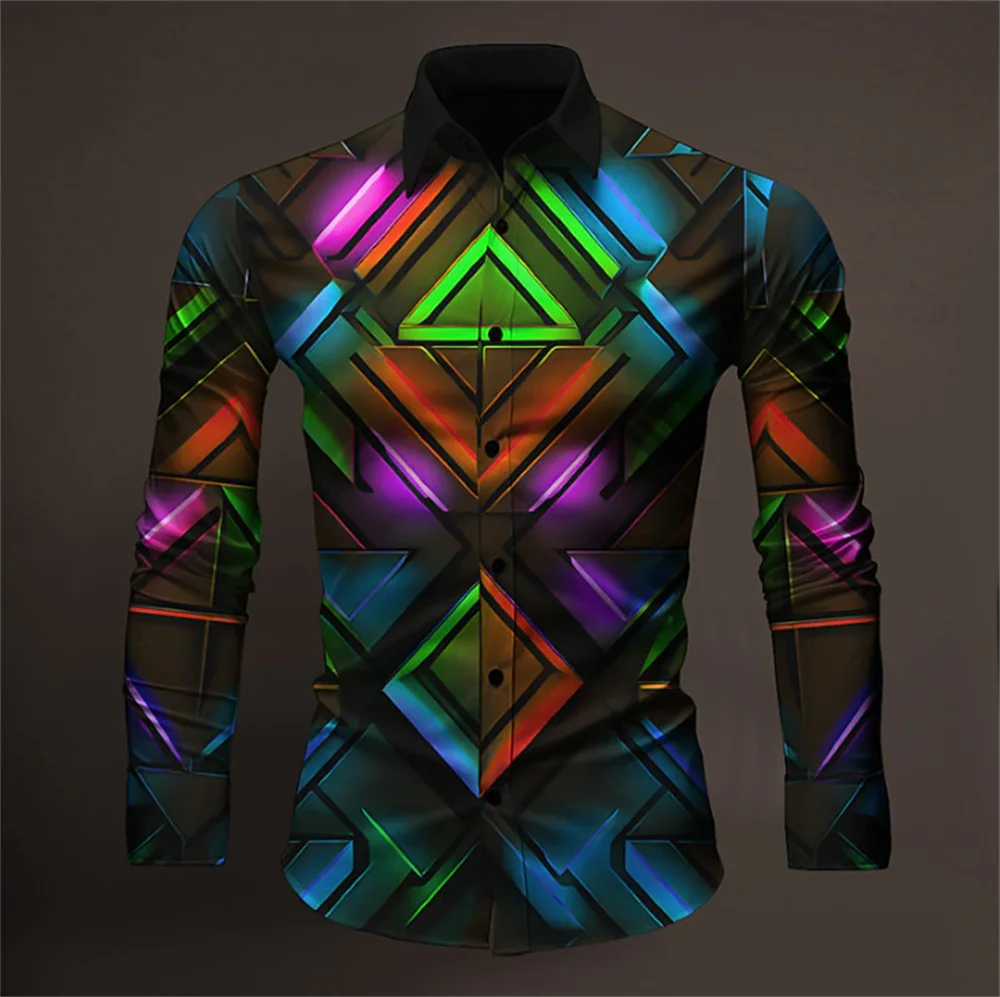 

Color block colorful art abstract men's shirt for daily outing autumn and winter cuffed long sleeve color rainbow shirt fashion