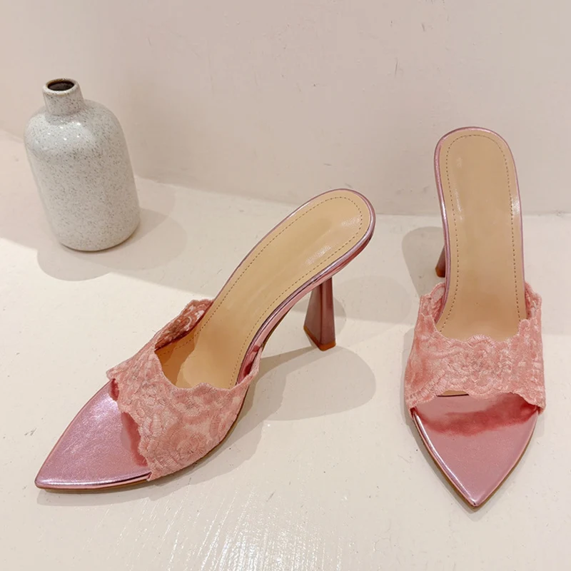 Liyke High Quality Handwork Embroidery Hemp Women Slippers Sandals Sexy Pointed Toe Gold Heels Mules Summer Party Slides Shoes image 4