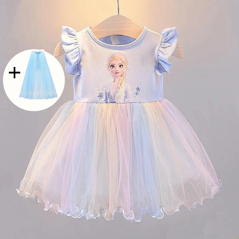 New Summer Girls Dress Cloak Short sleeve Disney Kids Clothes Blue for Children Birthday Party Frozen Elsa Anna Princess Dresses