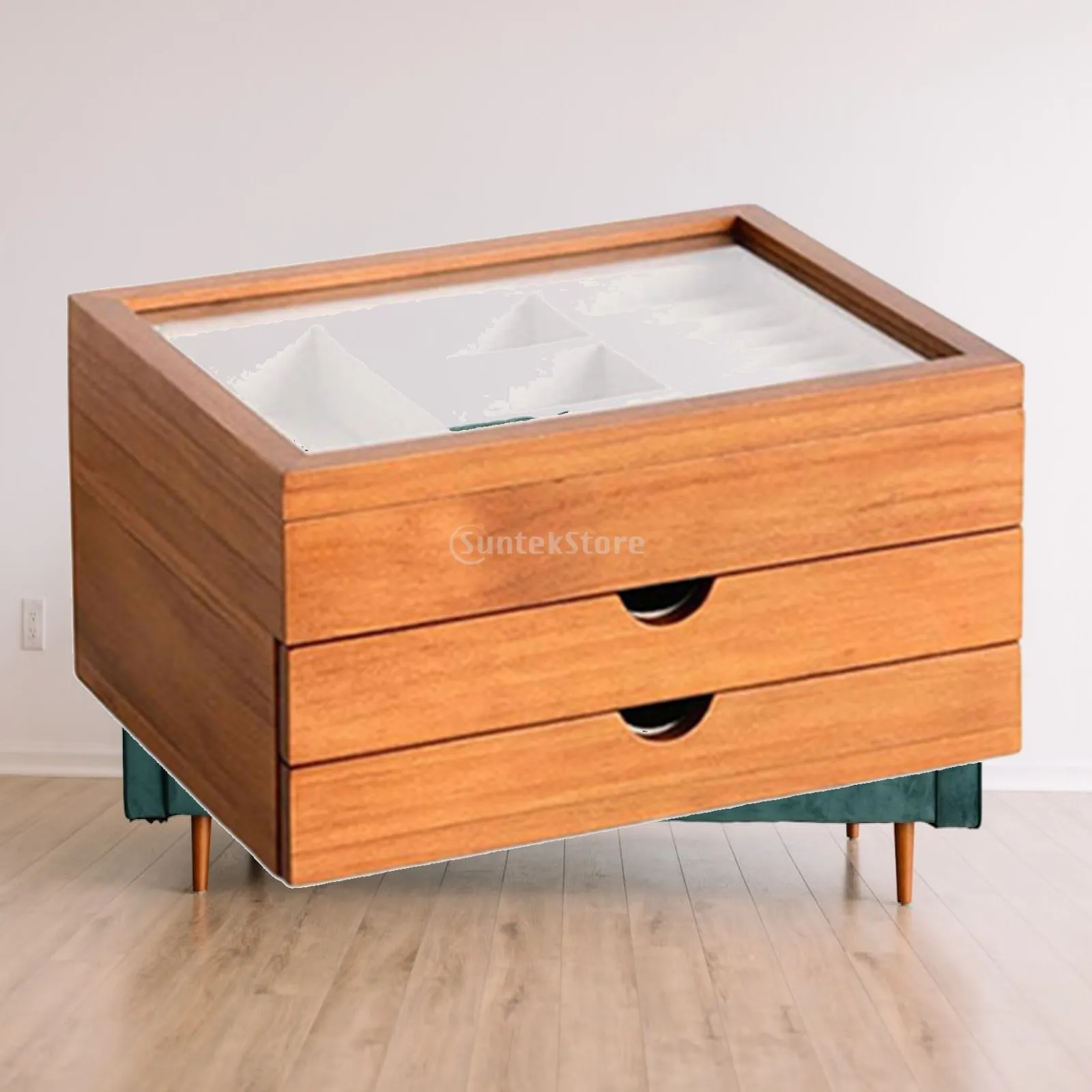 Stackable Jewelry Box with Clear Lid Wood Organizer Display Stand Three Layer for Women Nightstand