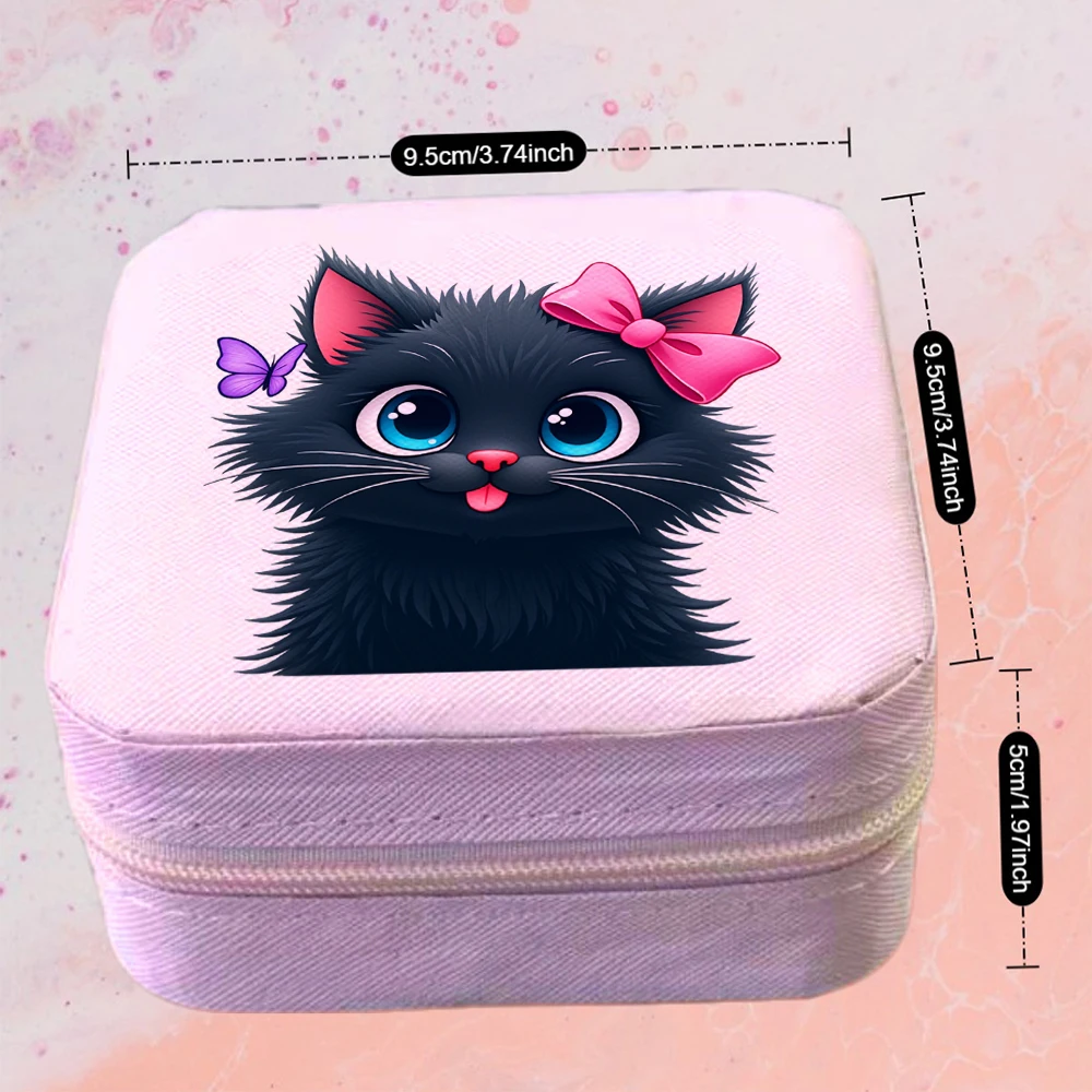 1pc Cute Black Cat with Pink Bow Print Portable Jewelry Organizer Cat Themed Travel Jewelry Organizer Box for Necklaces Storage