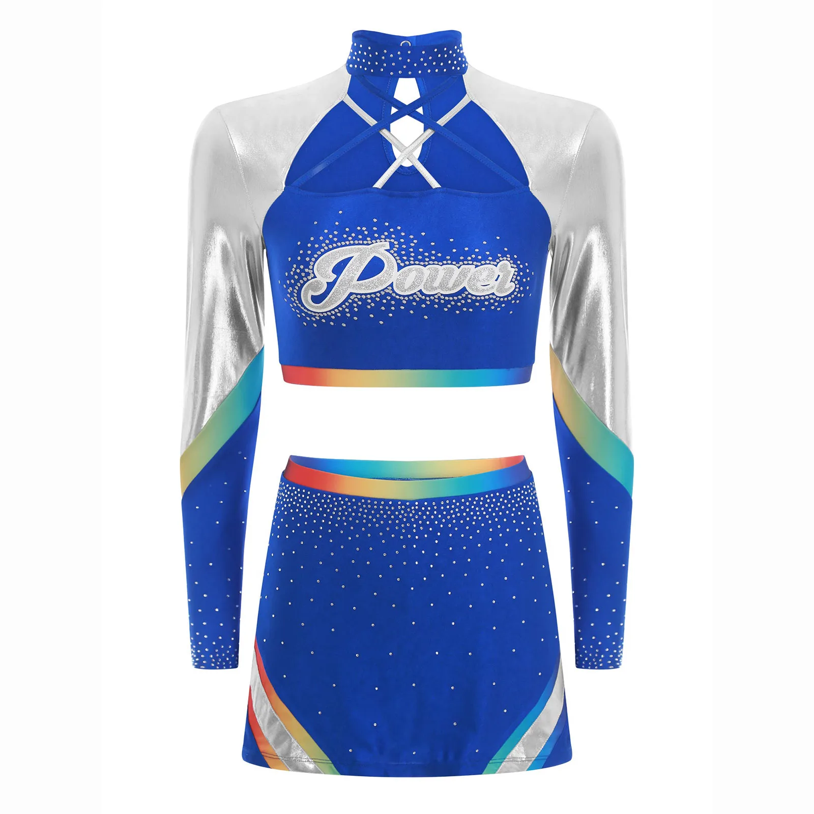 

Women Cheer Leader Cheer Leading Uniforms Cosplay Costume Long Sleeves Crop Top and Mini Skirt Schoolgirl Performance Dancewear