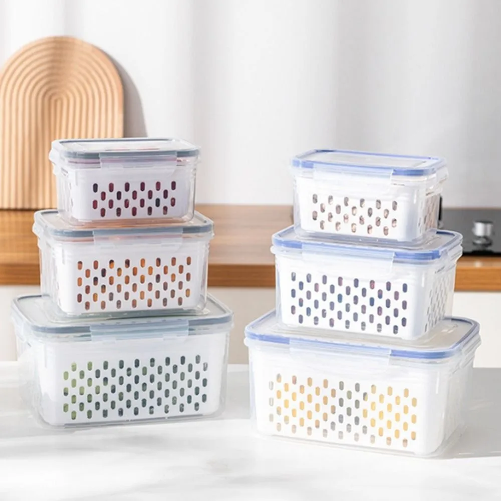 3Pcs/Set Double Layer Food Storage Containers Stackable Reusable Fruit Storage Containers Space Saving Draining