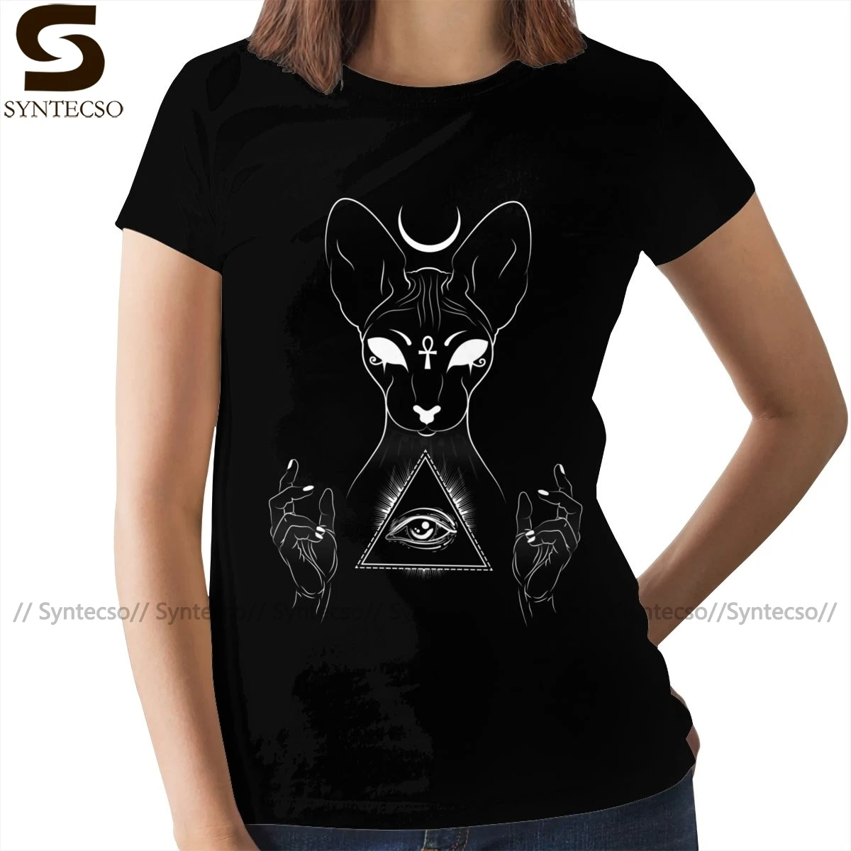 Sphinx Cat T-Shirt Illucat T Shirt Green Print Women tshirt Large size 100 Cotton O Neck Ladies Tee Shirt