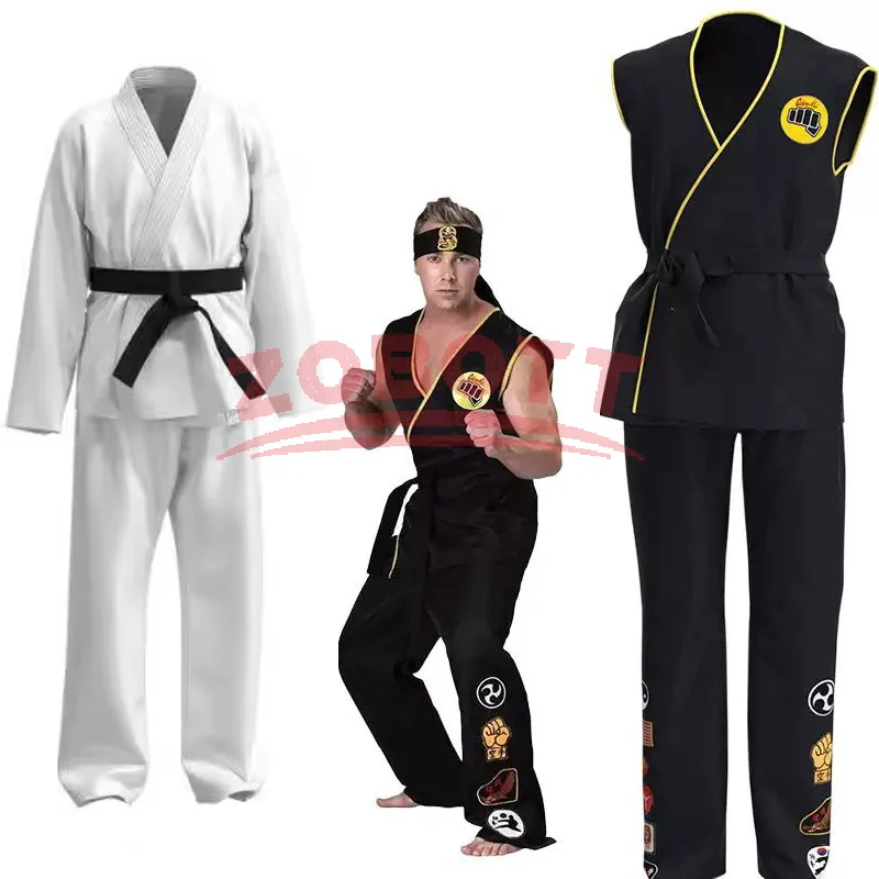

Karate boys KOF Cobra Kai Cosplay Costume Kid Adult Black White Kimono Uniform Headband Anime Halloween Party Suit Tracksuit