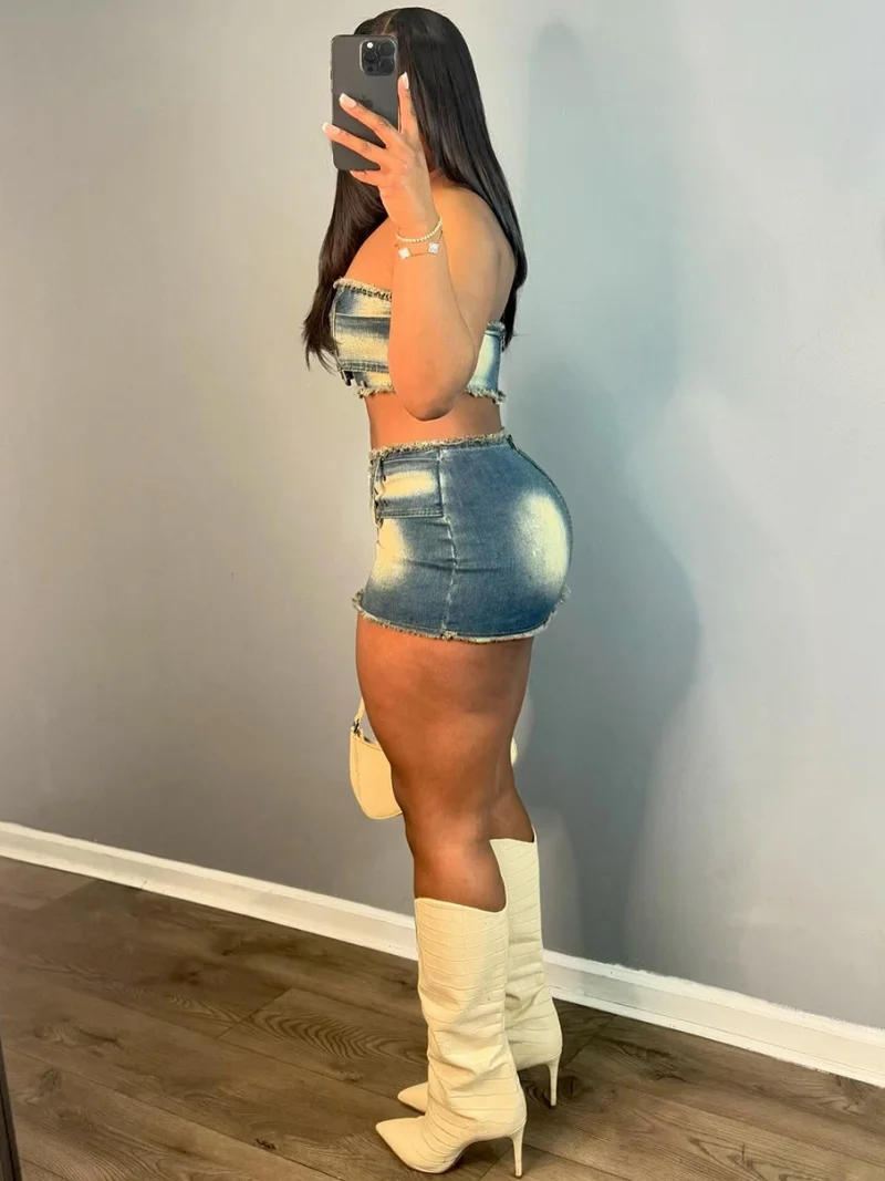 섹시한 데님 2 조각 세트 여성 복장 여름 의류 여성 Strapless 조끼 탑 Bodycon 미니 Skrit 세트 진 두 조각 드레스 세트