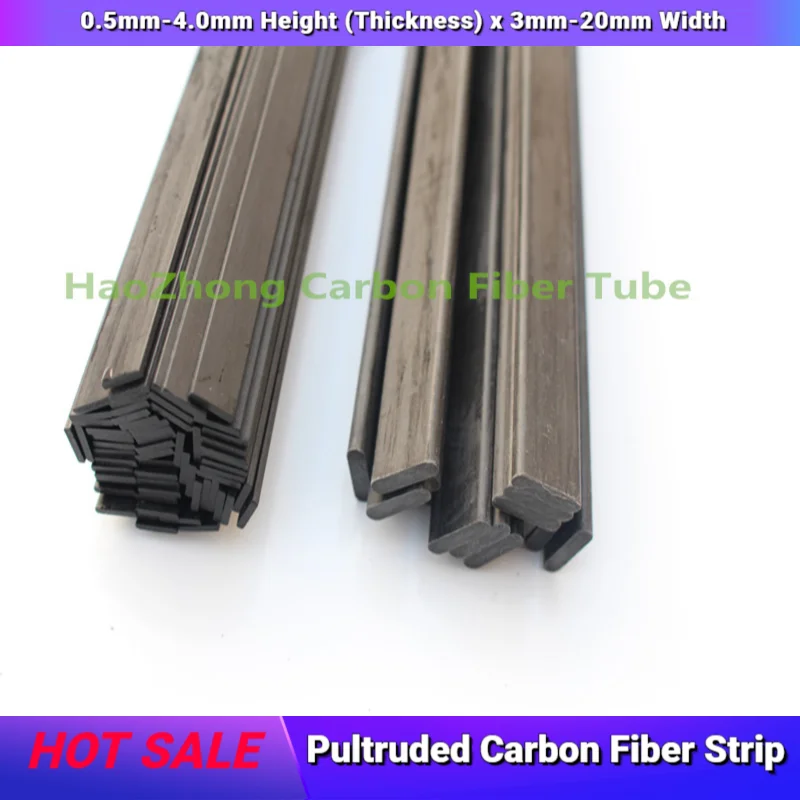 Carbon Fiber Strip Pultruded 0.5mm-4.0mm Height (Thickness) x 3mm-20mm Width x 500mm