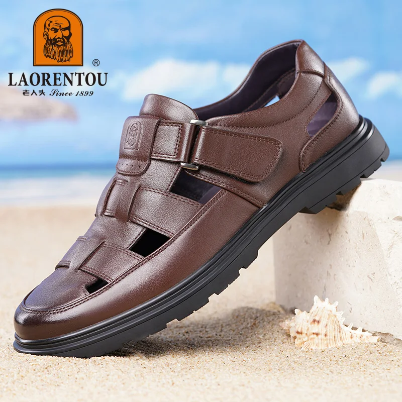 LAORENTOU leather sandals, men\'s breathable hollow hole shoes, toe wrapped cowhide, anti slip and wear-resistant casual shoes