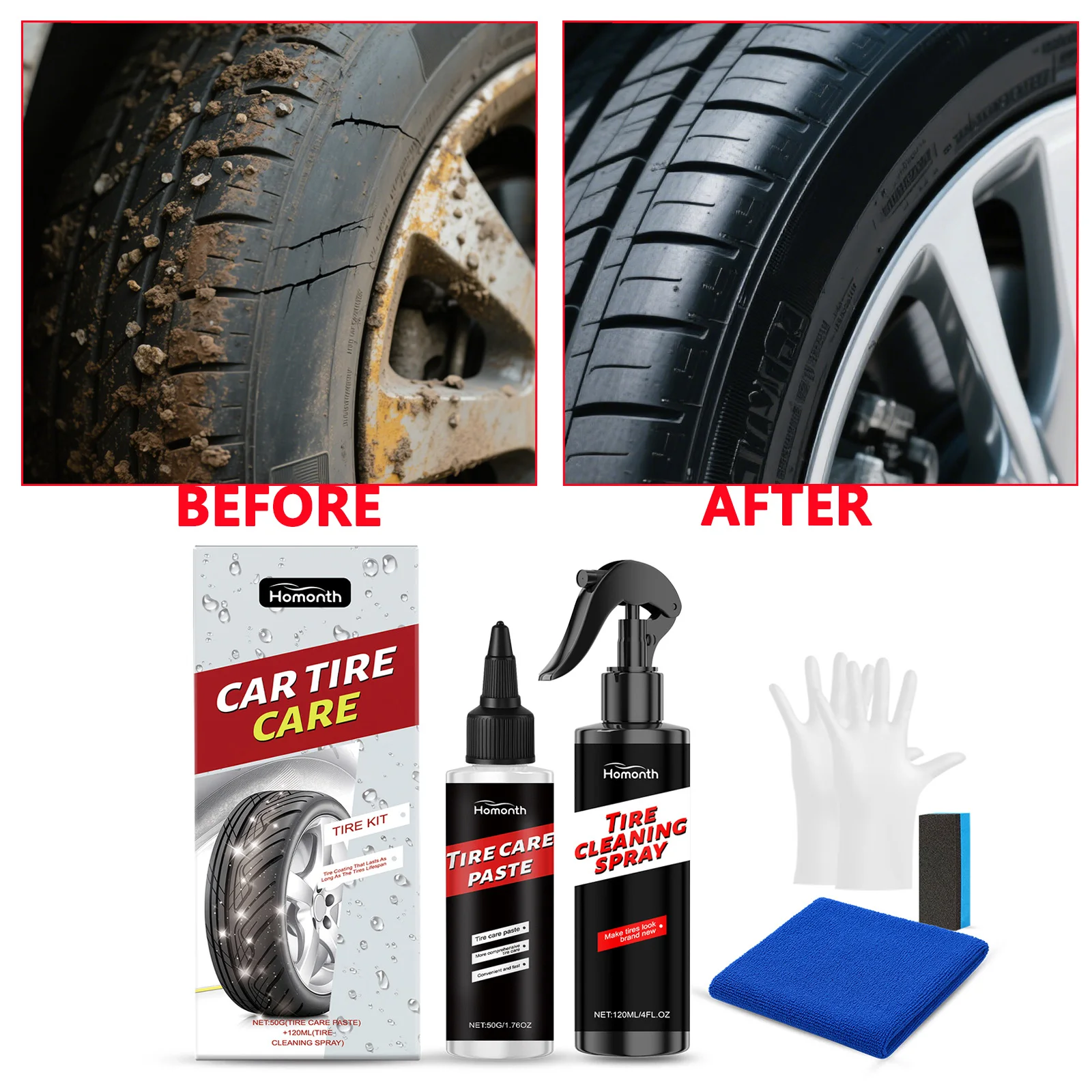 

Car Tire Care Kit Deep Cleaner High-Gloss Dressing Provides Dust-Proof Protection Restores Black Color Keeps Tire Black Like New