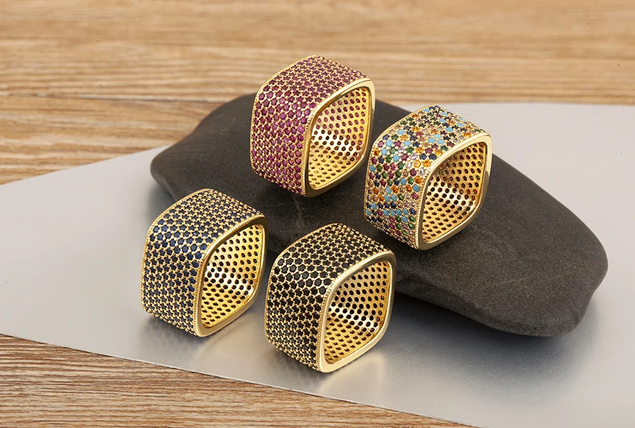 Nidin Neue trendige quadratische Form eingelegte Kristall-Zirkon-Ringe für Frauen und Männer, 5 Farben zur Auswahl, Hip-Hop-Stil, Fingerschmuck, schicke Geschenke – Detail 1