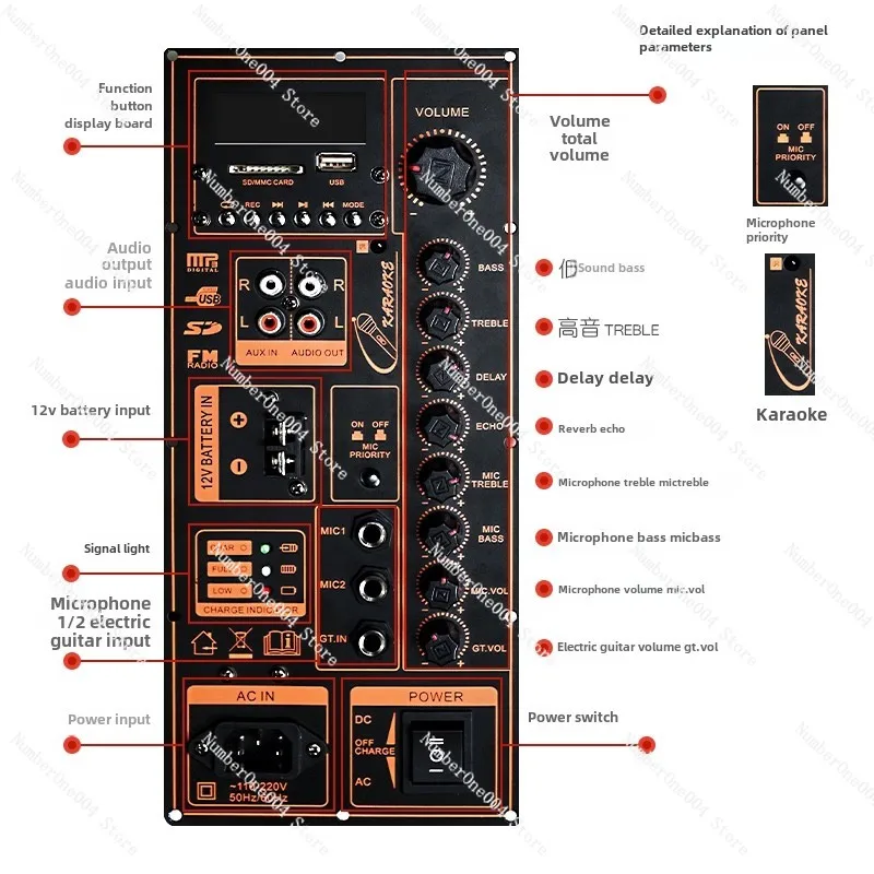 DIY High-power Outdoor Tie Rod Speaker, Digital Power Amplifier Board, Bluetooth, Dual Output 10-18 Inch Woofer