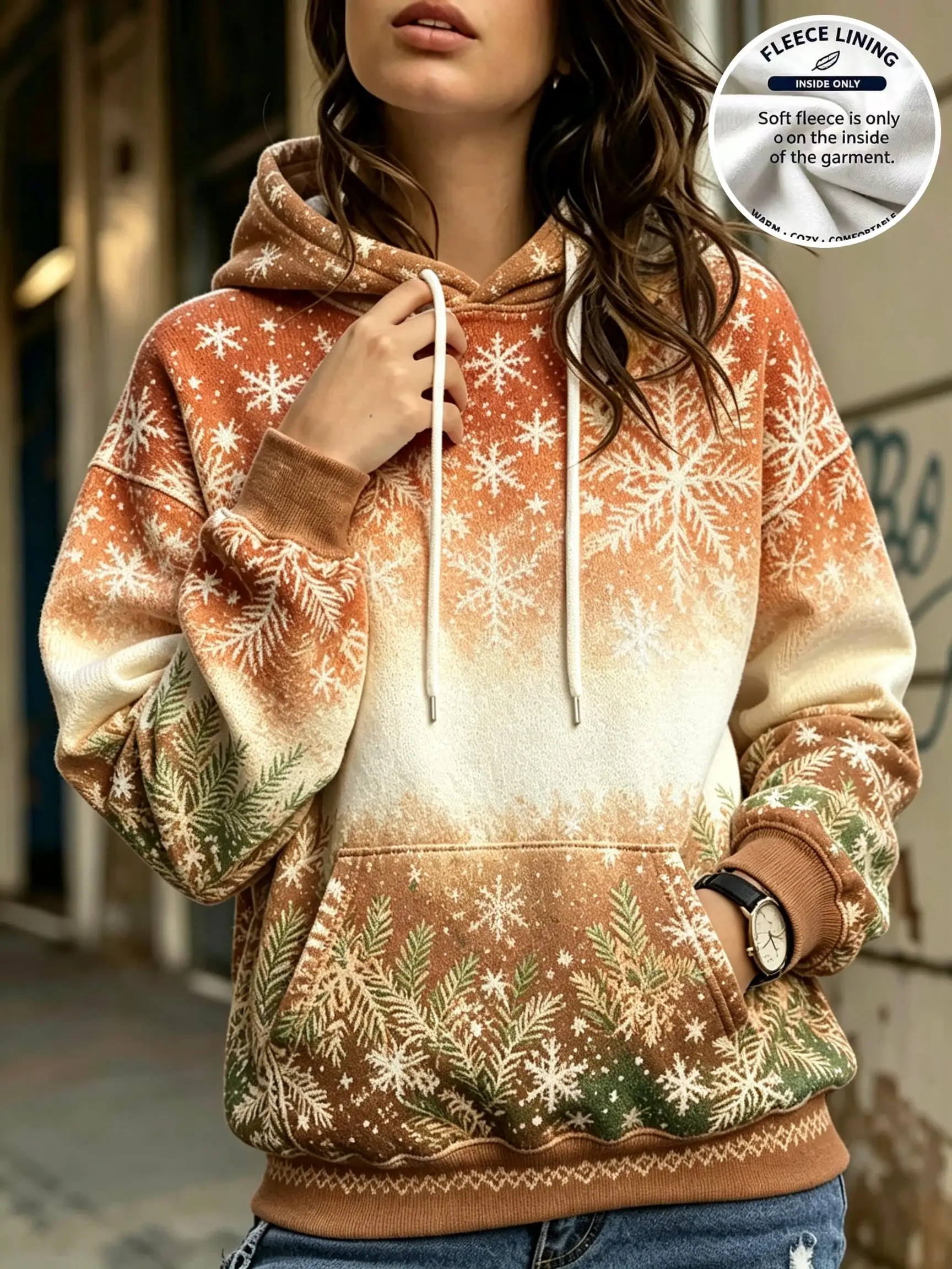 Women Christmas Gradient Purple Black Snowflake Pine Branch Fleece Hoodie Front Print Pocket Sweatshirt