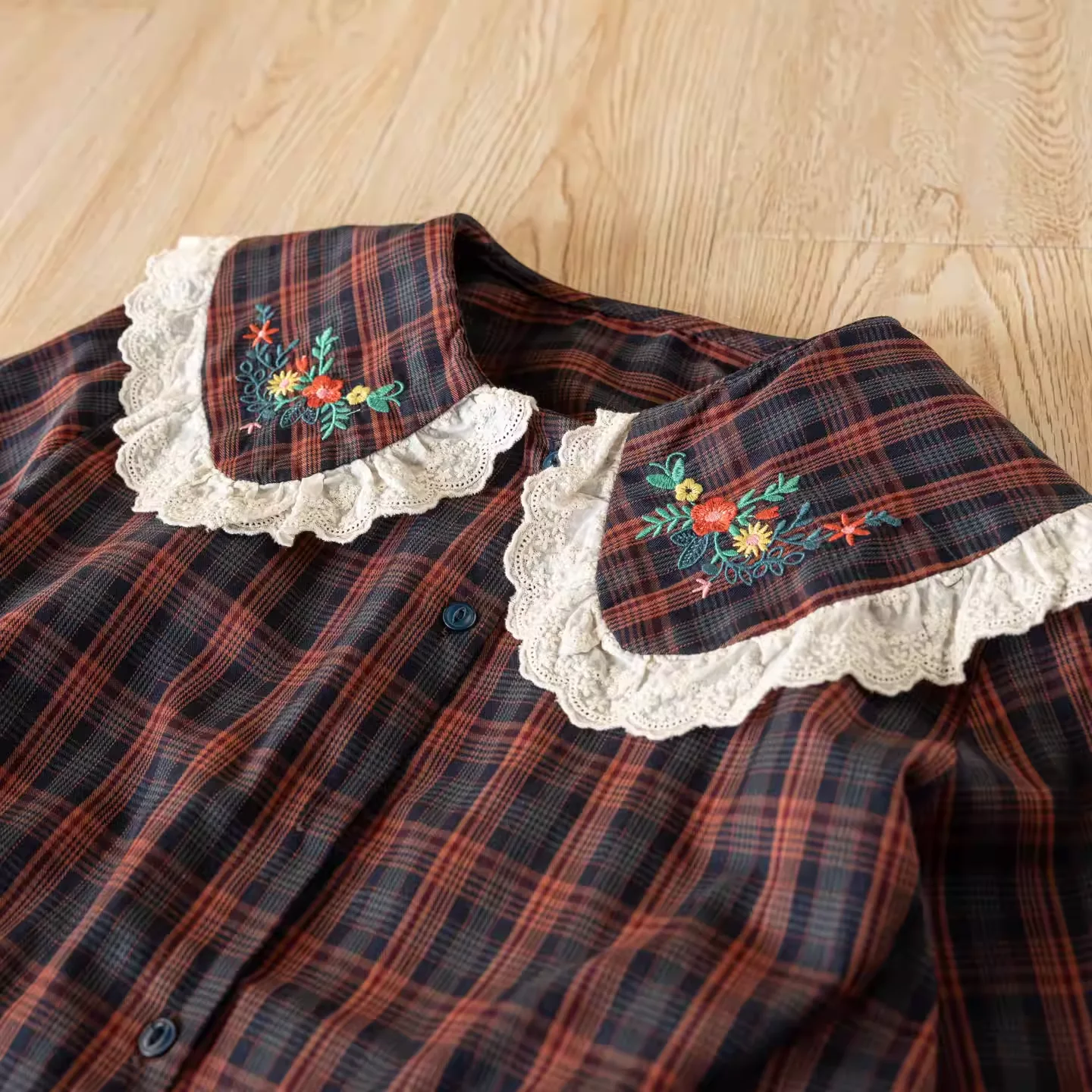 

2026 Japanese clothing 100% cotton women shirt vintage peter pan collar embroider lace patchwork blouses women plaid shirts