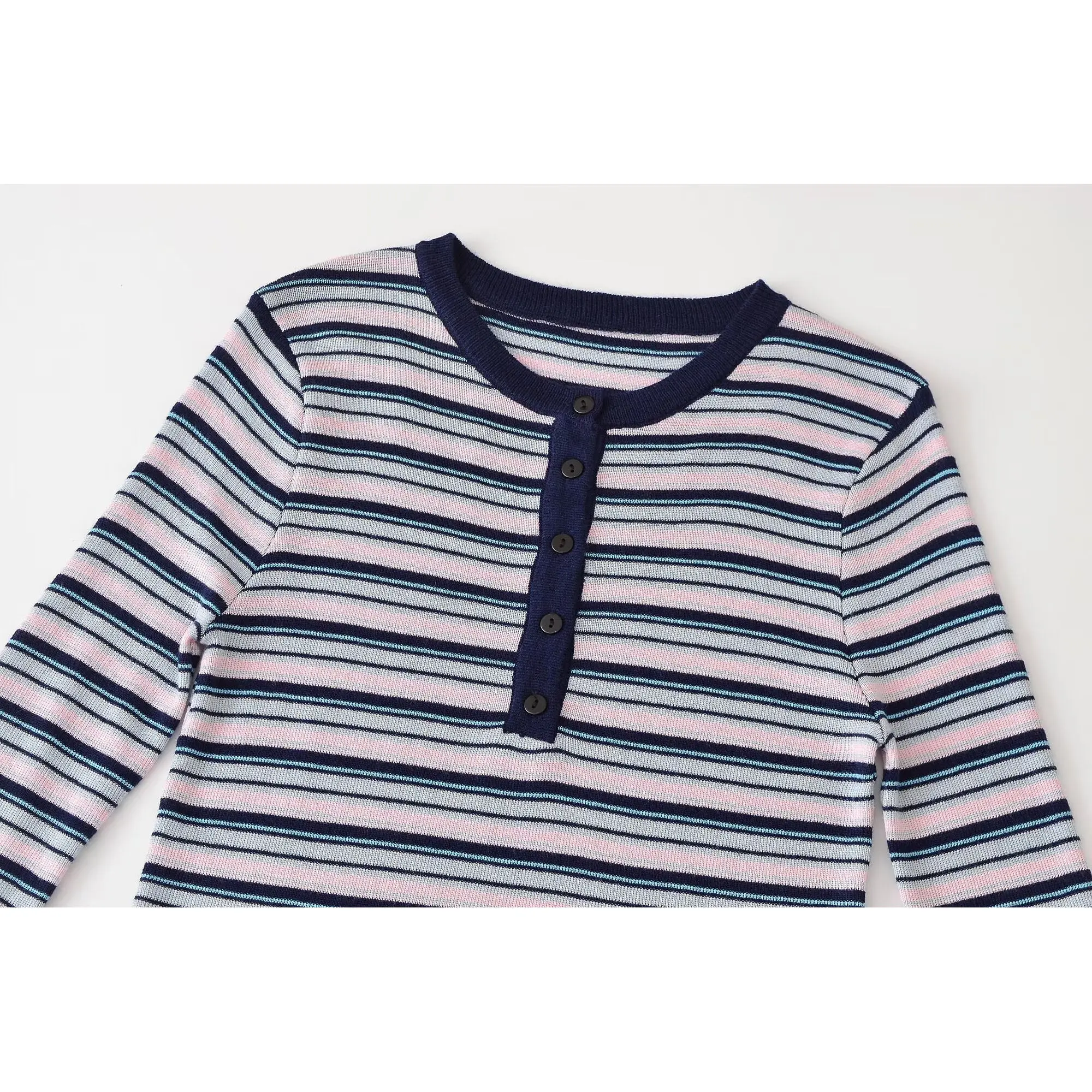 KASLEAD New Women's Long Sleeve round Neck Striped Multi-Color Polyester Knitted Sweater Fashionable Versatile Ladies' Top