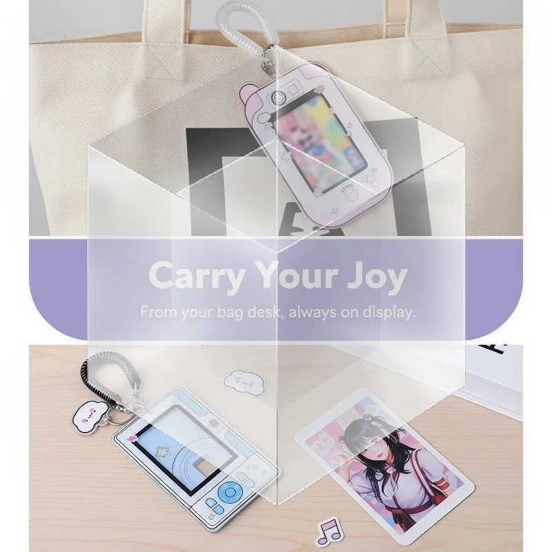Cute Camera Shaped Acrylic Photo Card Holder with Coil Lanyard Clear Window Dustproof for Idol Card Bank Card Storage