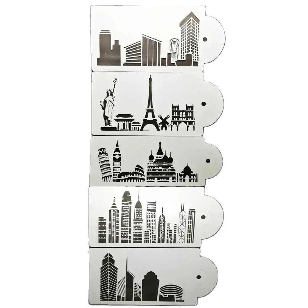 5PCS Buildings For Diy Scrapbooking Tower Cake Stencil For Cake Border Decorating Plastic Fondant Stencil Painting PC0023