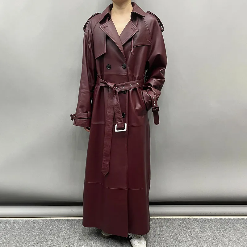 Women Leather Trench Coat 2024 Autumn Fashionable Full Sleeve Women Windbreaker Belt All Match Loose Long Female Overcoat