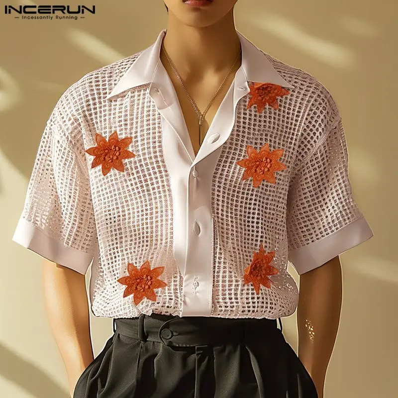

Fashion Casual Style Tops INCERUN Men's Hollow Flower Decoration Design Shirts Summer Streetwear Male Short Sleeved Blouse S-5XL