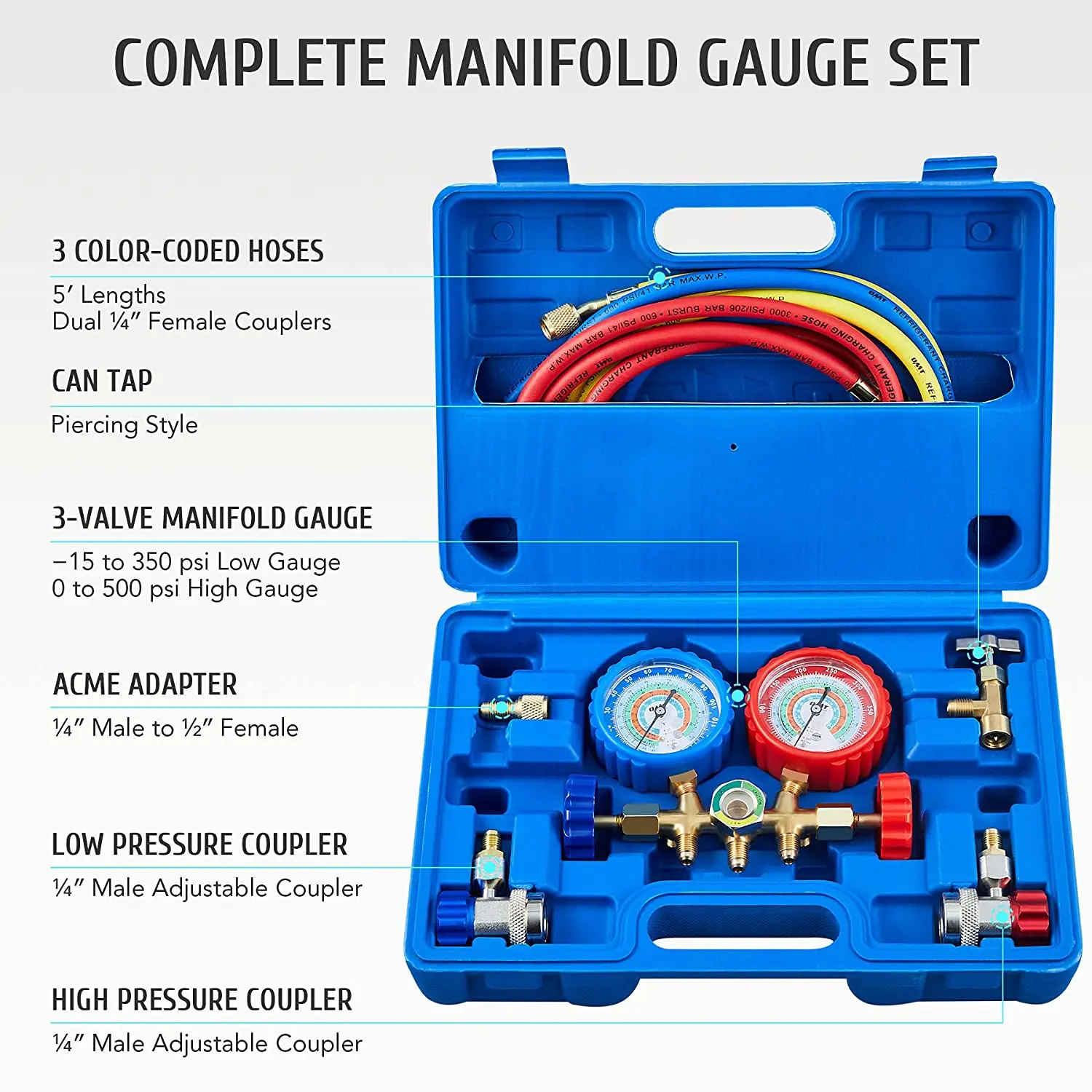 AC Gauges,Manifold Gauge Set for  R22 R502,3 Way Automotive Kit with Antishock Hoses Couplers Adapter,Puncturing Tap Freon Recha