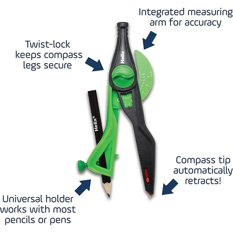 学生用幾何学セット：学校の数学、精密な図面、工学の授業用のプラスチック製ロック式コンパスと分度器