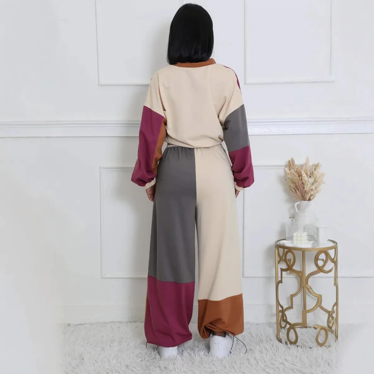 Chic Patchwork 2 Piece Set Women Long Sleeve Drawstring Tops Wide Leg Pants Outfits Winter Spring Sport Two Piece Tracksuit