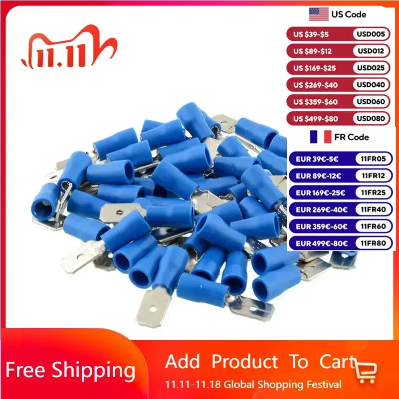 100pcs Male /Female Insulated Spade Wire Crimp Terminal Cable Connectors Connectors Wiring Cable Plug 1.5 - 2.5mm 2/10-14 AWG