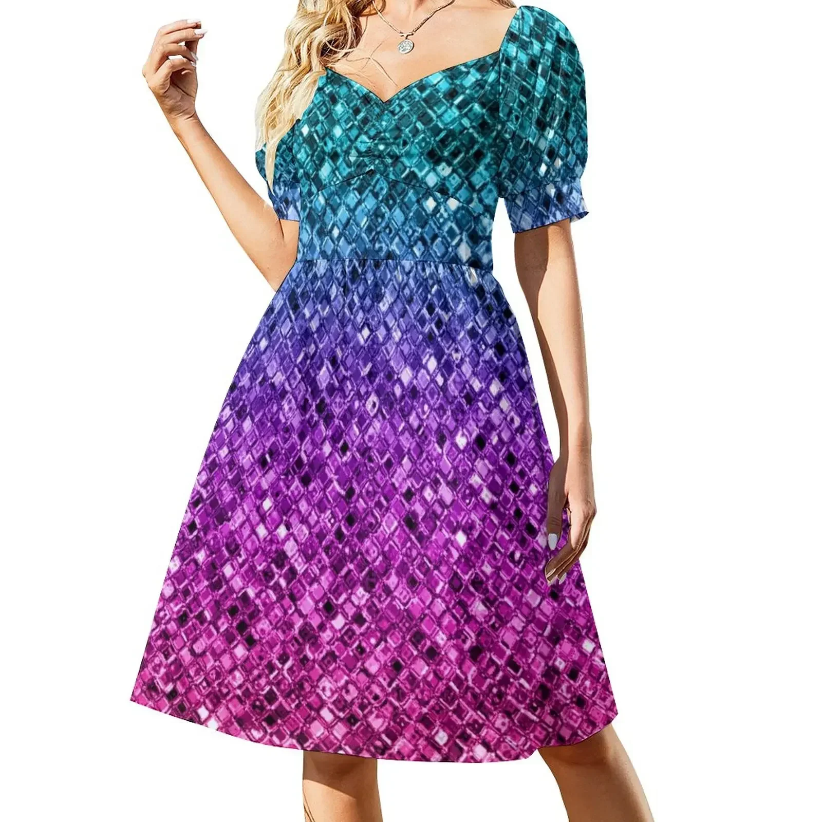 Teal Purple Pink Gradient Faux Sparkly Sequins Sleeveless Dress luxury woman party dress summer clothes sexy dress