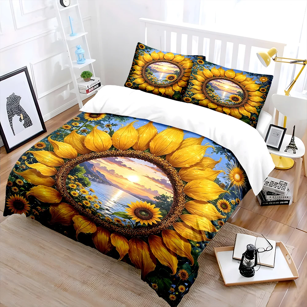 Sunflowers framing a serene sunset lake Print Soft Comfortable Duvet Cover Bedding Set Included 1*Duvet Cover  2*Pillowcases